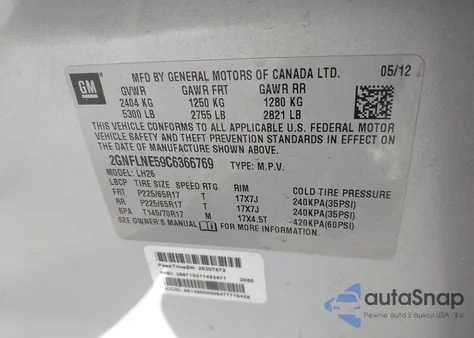 2012 Chevrolet Equinox 2Lt из США, поврежденный, VIN 2GNFLNE59C6366769